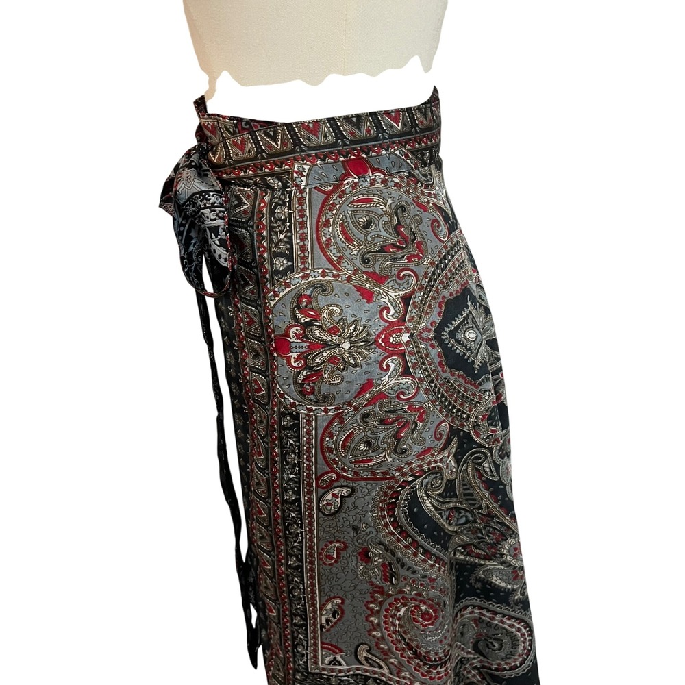 Vintage Black Red Satin Paisley Wrap Skirt Boho Maxi 90s WhimsyGoth Witchy XL - Picture 5 of 7